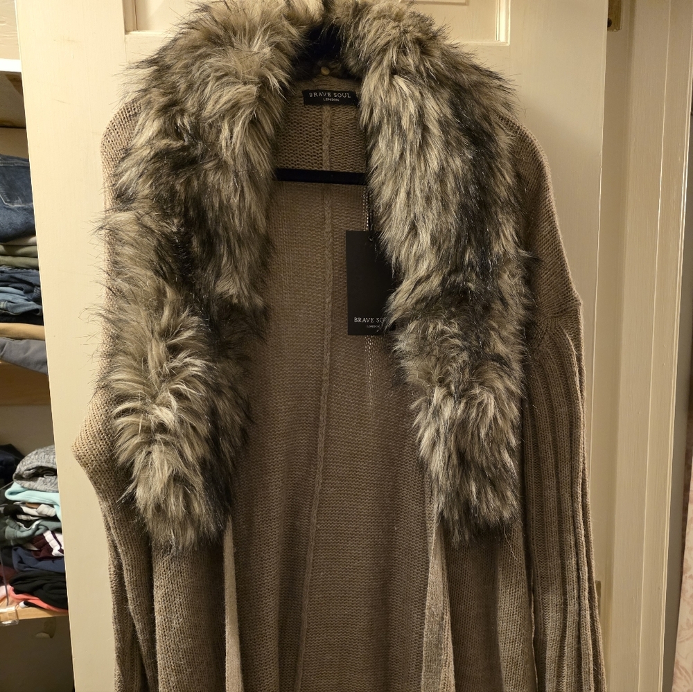 Brave Soul ASOS Brown Sweater with Faux Fur Collar